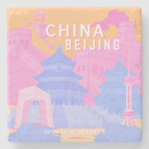 Beijing China Travel Poster Pink & Blue Pastel Stone Coaster