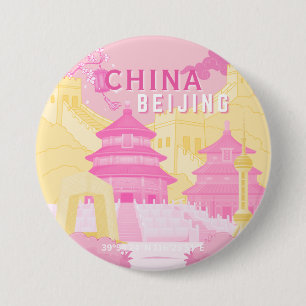 Beijing China Travel Poster Pink & Yellow Art 7.5 Cm Round Badge