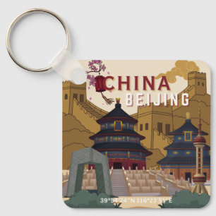 Beijing China Travel Poster Vintage Illustration Key Ring