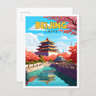 Beijing China vintage travel illustration Postcard