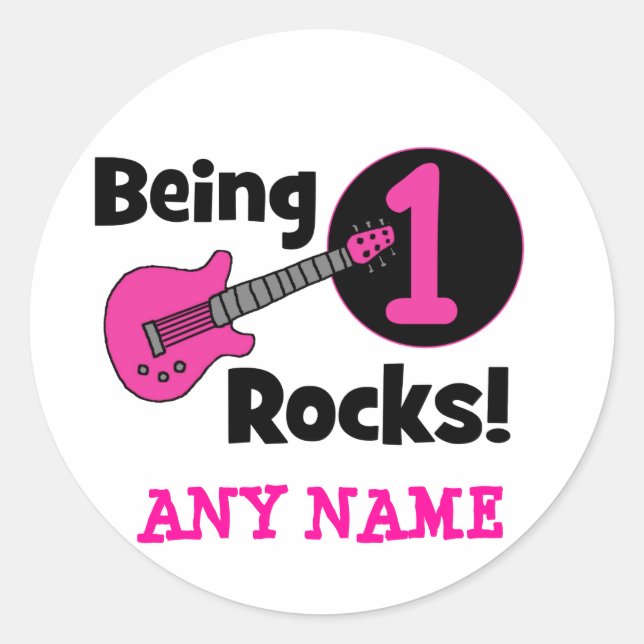 Being 1 Rocks! with Pink Guitar Classic Round Sticker (Front)