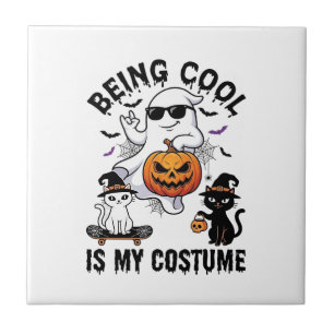 Being Cool Is Costume Halloween Ghost Pumpkin Cat_ Ceramic Tile