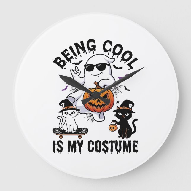 Being Cool Is Costume Halloween Ghost Pumpkin Cat_ Large Clock (Front)