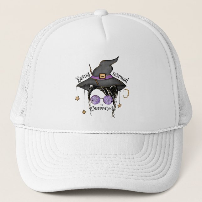 Being Normal Is Overrated – Quirky Witch Halloween Trucker Hat (Front)