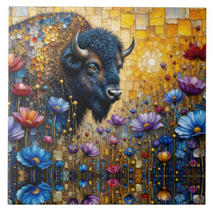 Bejeweled American Bison in Flowers Ceramic Tile