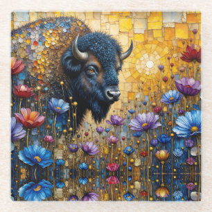 Bejeweled American Bison in Flowers Glass Coaster