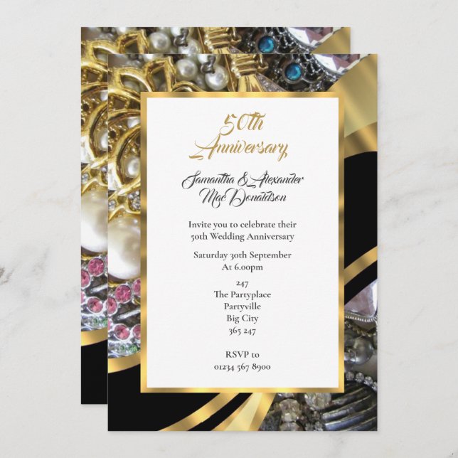 Bejeweled golden wedding anniversary invitation (Front/Back)