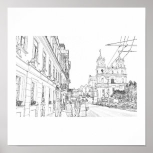 Belarus Hrodna Stylised Architecture Sketch Poster