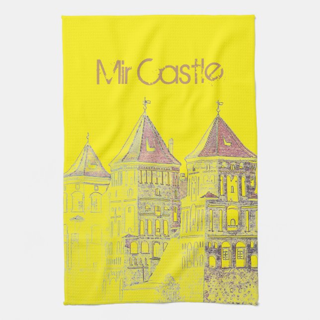 Belarus Mir Castle Architecture Sketch Tea Towel (Vertical)