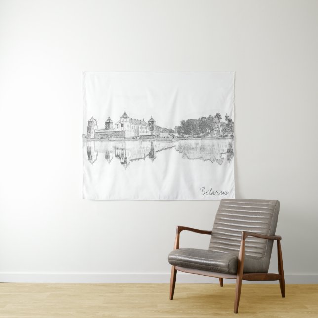 Belarus Mir Castle Cityscape Sketch Tapestry (In Situ (Horizontal))