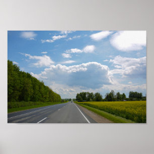 Belarus Road Canola Fields Flowers Sky Poster