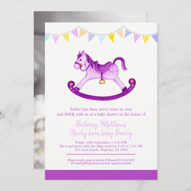 Belated Baby shower purple rocking horse met baby Invitation (Front/Back)