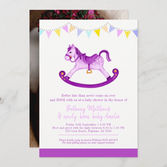 Belated Baby shower rocking horse met baby purple Invitation (Front/Back)