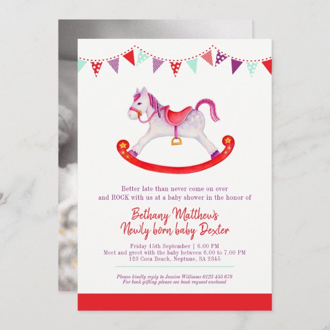 Belated Baby shower rocking horse met baby red Invitation (Front/Back)