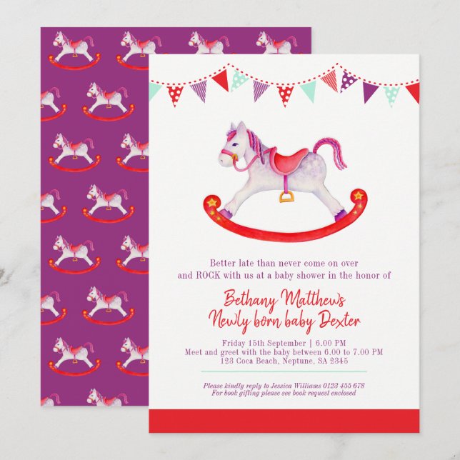 Belated Baby shower rocking horse met baby red Invitation (Front/Back)
