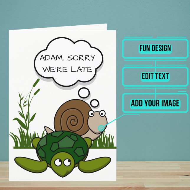 Belated Birthday: Cartoon Snail and Turtle Card (This adorable belated sentimental card features a cartoon turtle and snail.)