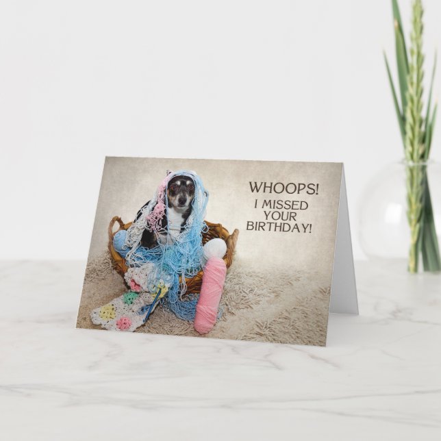 BELATED BIRTHDAY - HUMOR - DOG TANGLED IN YARN CARD (Front)