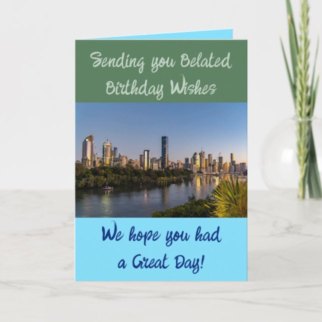 Belated birthday wishes add photo blue green card (Front)