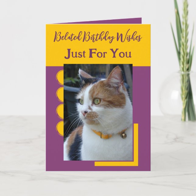 Belated birthday wishes just for you purple yellow card (Front)