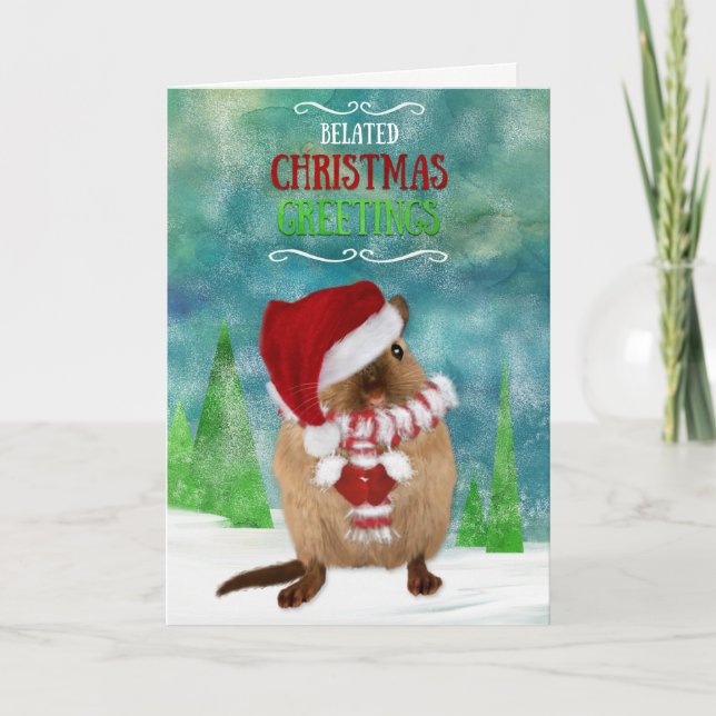 Belated Christmas Gerbil Santa Hat in Winter Scene Holiday Card (Front)