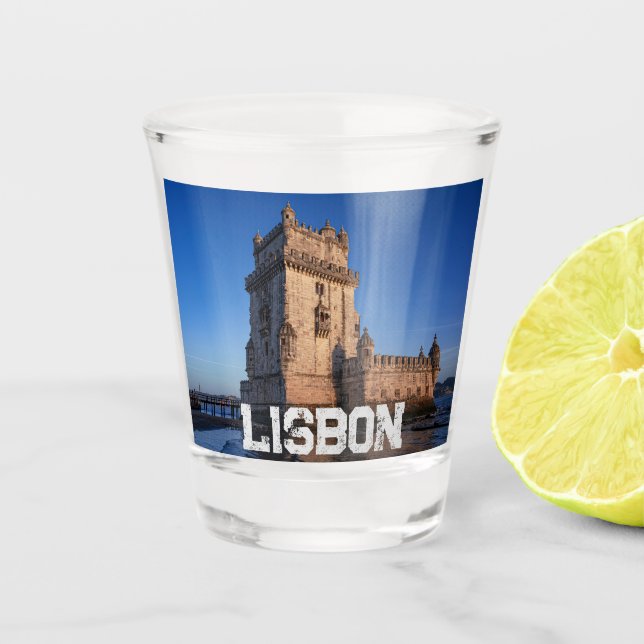 Belem tower at sunset in Lisbon, Portugal Shot Glass (Front)