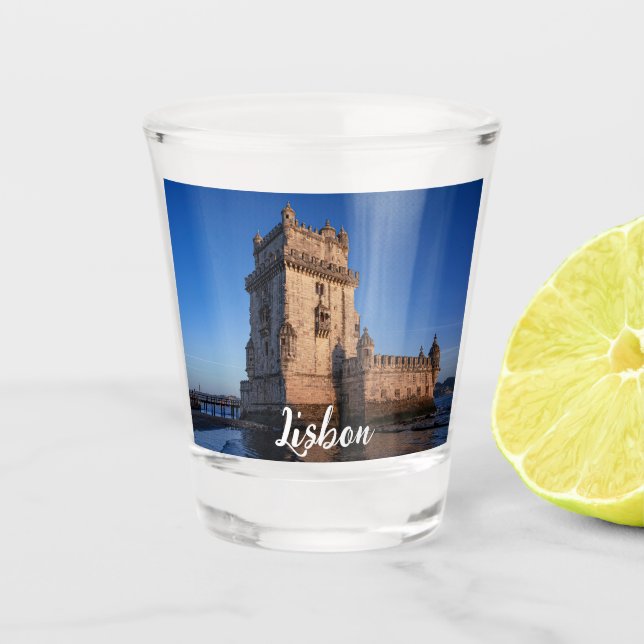 Belem tower at sunset in Lisbon, Portugal Shot Glass (Front)