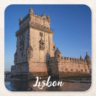 Belem tower at sunset in Lisbon, Portugal Square Paper Coaster