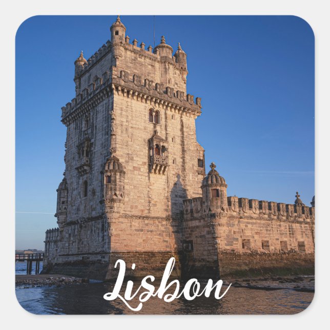 Belem tower at sunset in Lisbon, Portugal Square Sticker (Front)