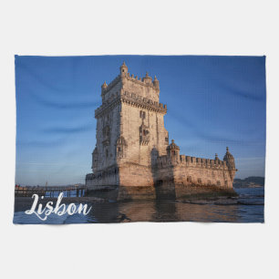 Belem tower at sunset in Lisbon, Portugal Tea Towel