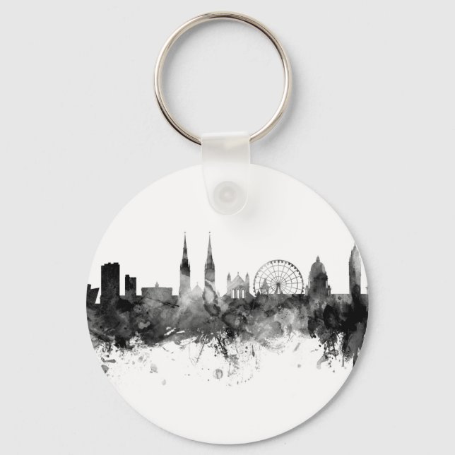 Belfast Northern Ireland Skyline Black White Key Ring (Front)