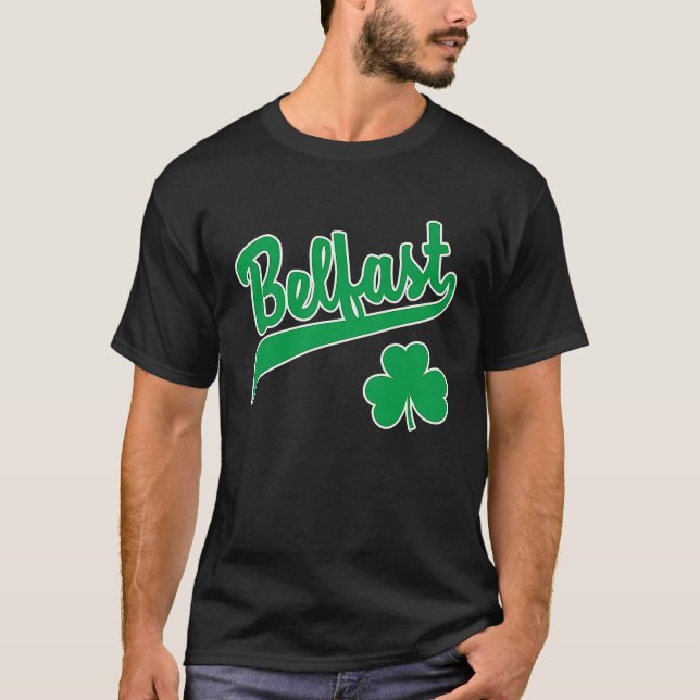 Belfast Sports Script Shamrock Green Print White O T-Shirt (Front)