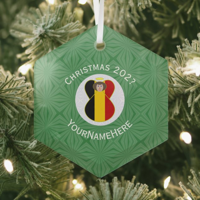 Belgian Angel Christmas Flag Personalized  Glass Tree Decoration (Insitu)