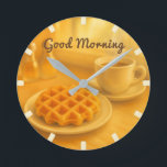 Belgian Breakfast Waffle Clock – Good Morning Vibe<br><div class="desc">Bring the charm of a Belgian café into your home with this cosy wall clock featuring a warm waffle and steaming cup of coffee. Perfect for kitchens, cafés, or anyone who loves morning vibes and Belgian delights. A soft golden tone creates a comforting atmosphere, while the “Good Morning” greeting adds...</div>