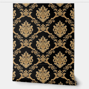 Belgian Damask Gold on Black Designer Wallpaper