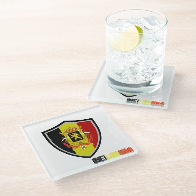 Belgian flag-coat of arms glass coaster (Angled)