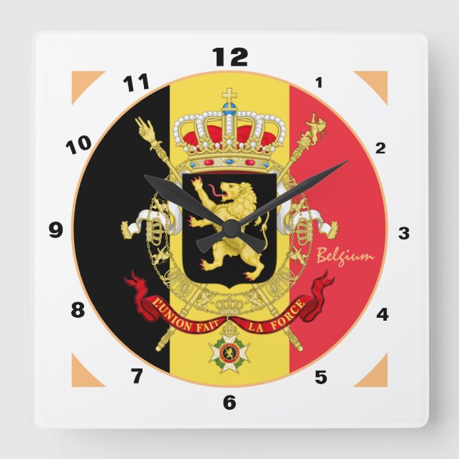 Belgian Flag, Emblem & Belgium trendy fashion Square Wall Clock (Front)