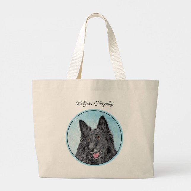 Belgian Groenendael Sheepdog Black Painting Dog Ar Large Tote Bag (Back)