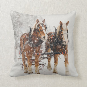 Belgian Horse Team Wintery Christmas Scene Cushion
