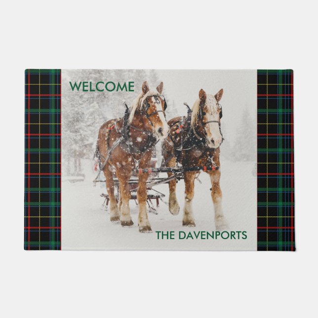 Belgian Horse Team Wintery Christmas Scene Doormat (Front)