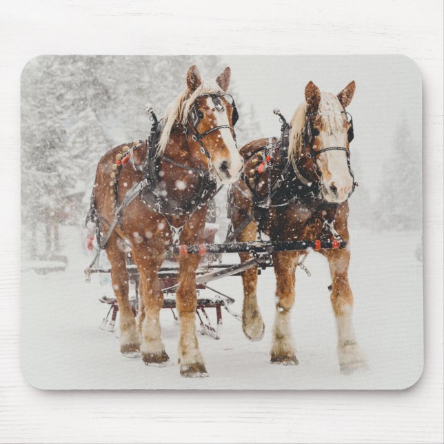 Belgian Horse Team Wintery Christmas Scene Mouse Pad (Front)