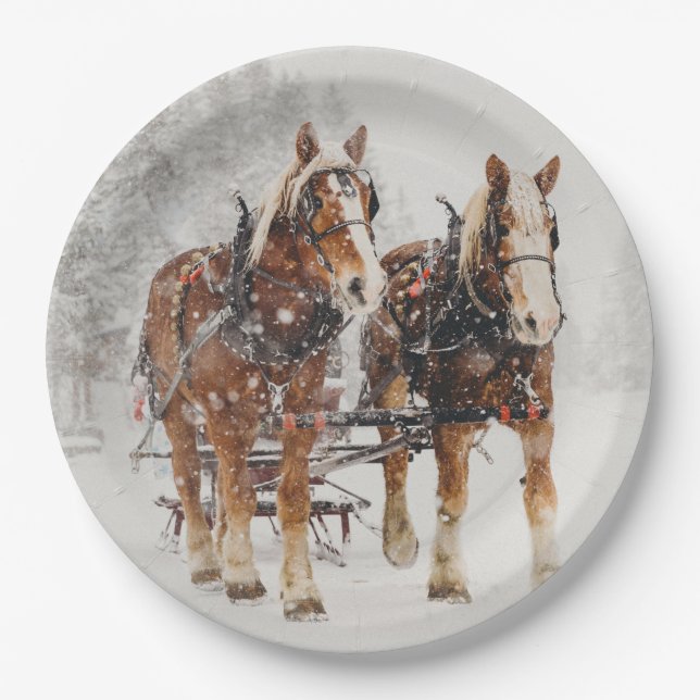 Belgian Horse Team Wintery Christmas Scene Paper Plate (Front)