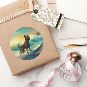 Belgian Malinoi Beach Surfing Painting Classic Round Sticker