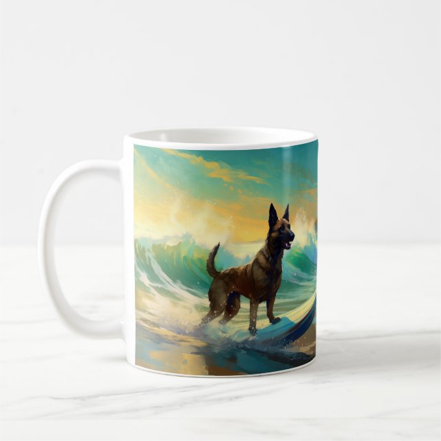 Belgian Malinoi Beach Surfing Painting Coffee Mug (Left)