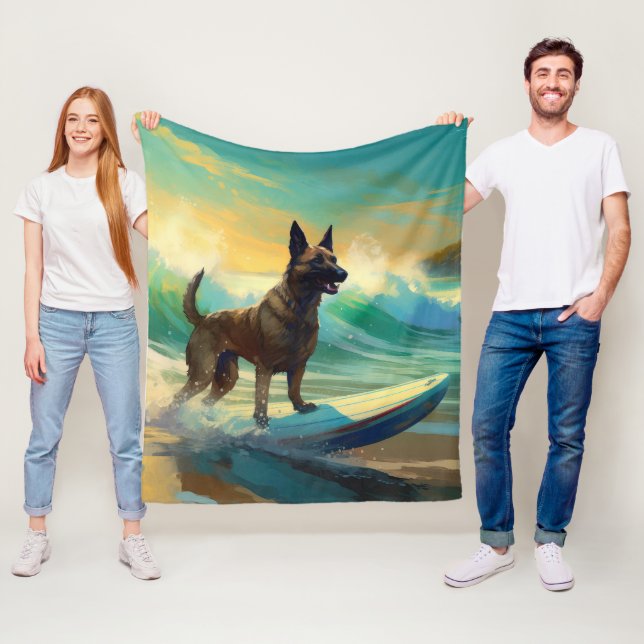 Belgian Malinoi Beach Surfing Painting Fleece Blanket (In Situ)