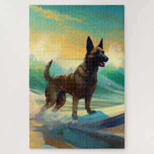 Belgian Malinoi Beach Surfing Painting Jigsaw Puzzle