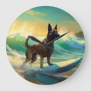 Belgian Malinoi Beach Surfing Painting Large Clock