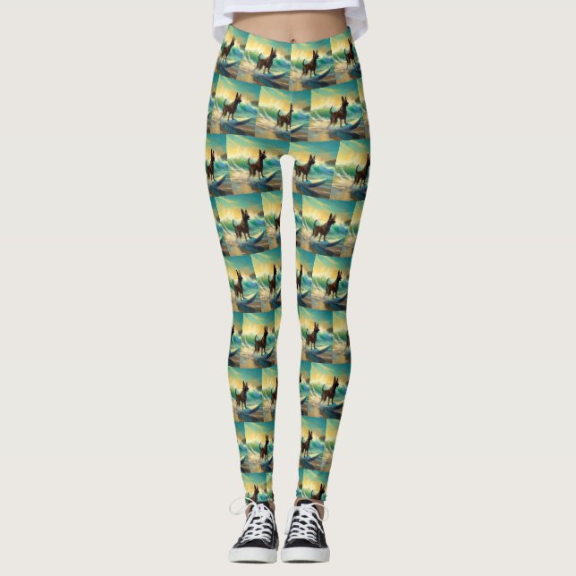 Belgian Malinoi Beach Surfing Painting Leggings (Front)
