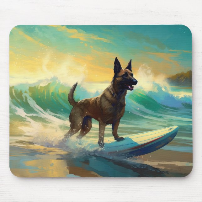 Belgian Malinoi Beach Surfing Painting Mouse Pad (Front)