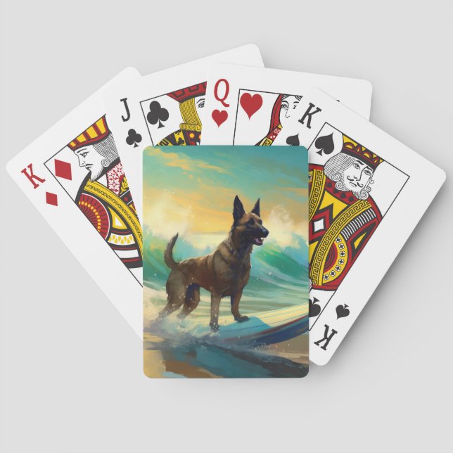 Belgian Malinoi Beach Surfing Painting Playing Cards (Back)