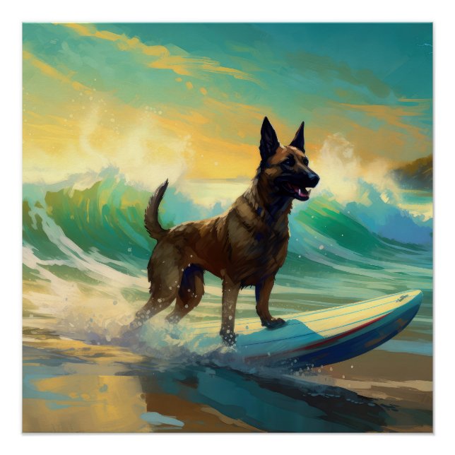 Belgian Malinoi Beach Surfing Painting Poster (Front)